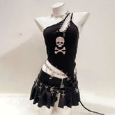 One shoulder beaded skull PU leather belt top