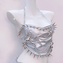 Metal chain halter rivet applique metallic mini skirt set
