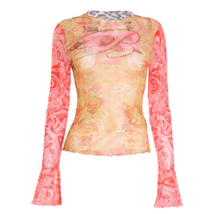 Long sleeve crewneck print beaded sheer mesh top