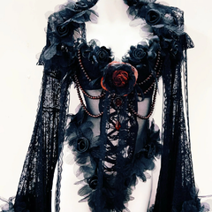 Long sleeve flower applique mesh beaded bodysuit