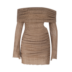 Textured long sleeve off shoulder hollow out cut out mini dress