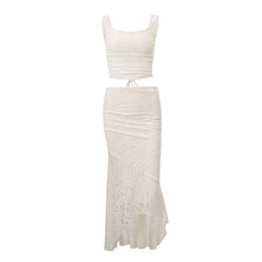 Sleeveless u neck backless lace up solid ruched midi skirt set