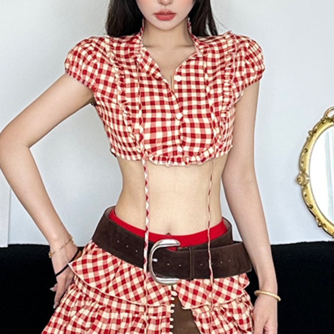 Plaid button short sleeve crop top