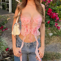 Lace up flower print ruffle cami top