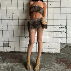 Fluffy backless contrast tube mini skirt set