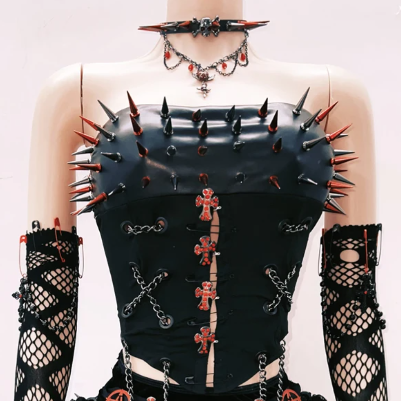 Metal chain rivet applique hollow out tube cut out top