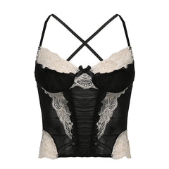 Lace hem contrast ruffle ruched patchwork cross back crop top