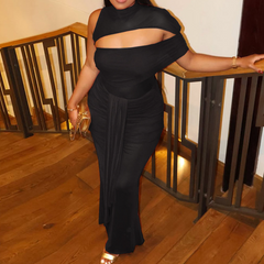 Crewneck hollow out solid ruched cut out maxi dress
