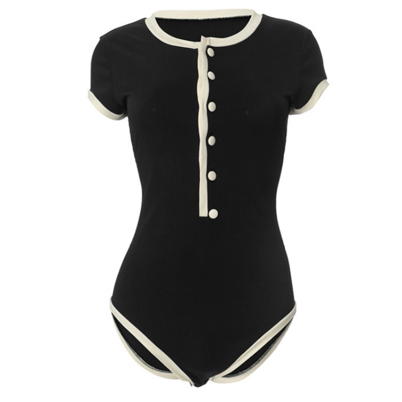 Button ribbed short sleeve round neck bodysuit