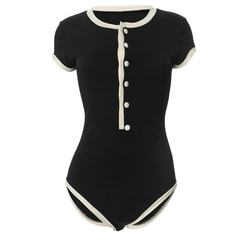 Button ribbed short sleeve round neck bodysuit