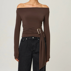 Off shoulder long sleeve ruched solid top