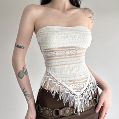 Tassels irregular ruched backless tube top