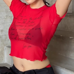 Short sleeve letter print mesh ruffle top