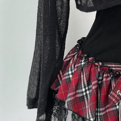 Long sleeve irregular plaid ruffle 2 piece mini dress