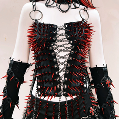 Metal chain lace up rivet applique zip-up top