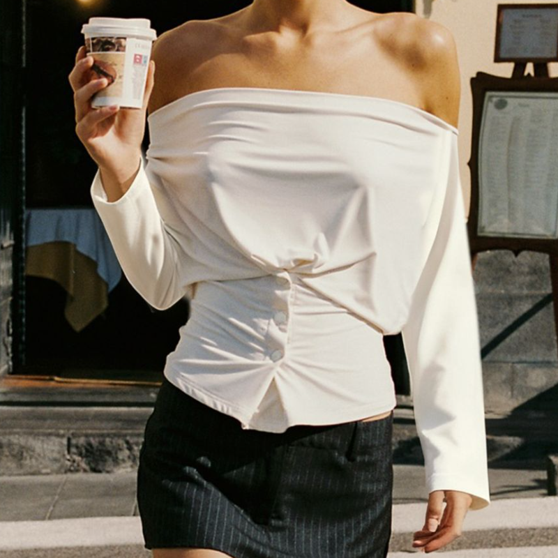 Off shoulder long sleeve ruched button top