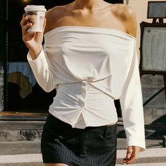 Off shoulder long sleeve ruched button top