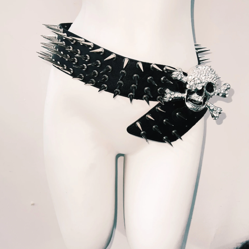 Skull applique rivet PU leather belt top