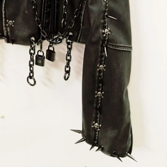 Long sleeve PU leather Skull applique zip-up top