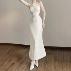 Halter self tie flower applique solid maxi dress