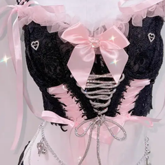 Bowknot ribbon lace up v neck cami pant set