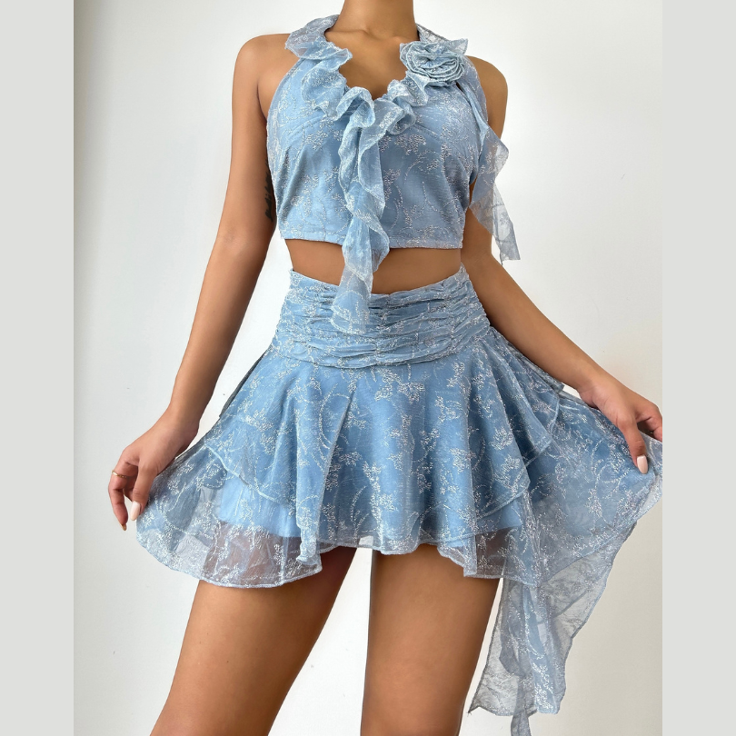 Halter flower applique ruffle irregular mini skirt set