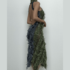 Halter high neck contrast textured backless midi dress-final-sale