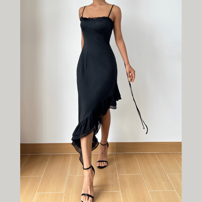 Irregular ruffle self tie solid cami midi dress