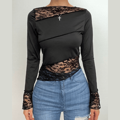Lace patchwork irregular stitch long sleeve top-final-sale