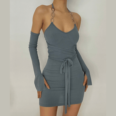 Self tie ribbed metal chain off shoulder long sleeve dress