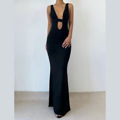 Sleeveless low cut hollow out solid backless cut out maxi dress