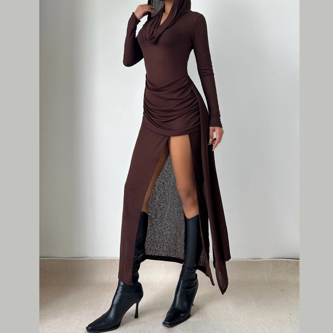 Hoodie long sleeve slit ruched maxi dress