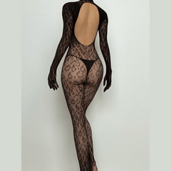 Long sleeve leopard high neck backless bodystocking