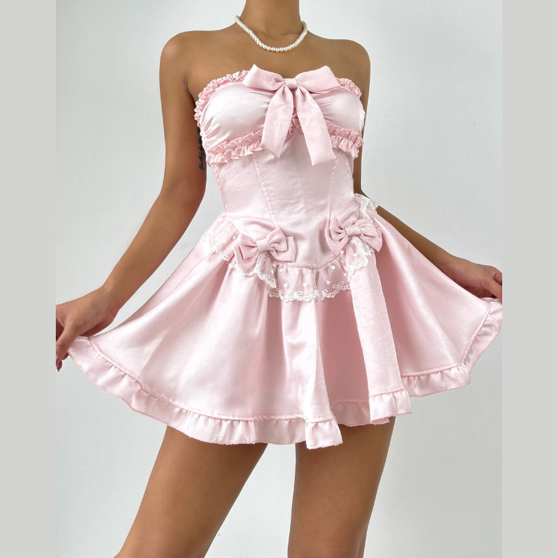 Bowknot ruffle lace hem backless tube mini dress