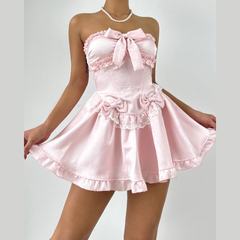Bowknot ruffle lace hem backless tube mini dress