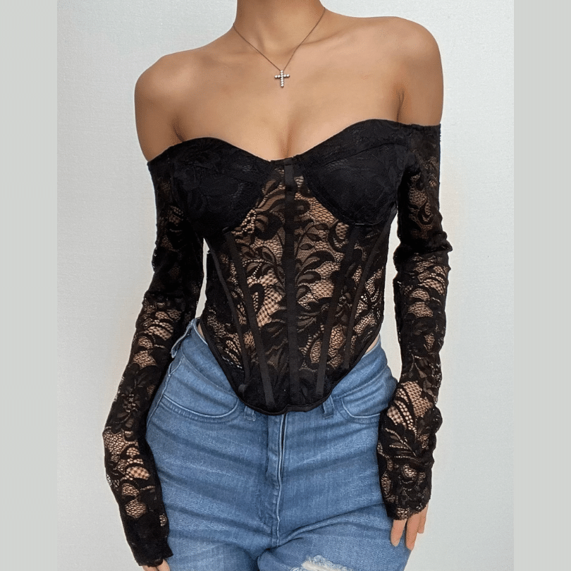 Lace solid long sleeve corset off shoulder top