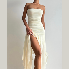 Ruched mesh backless solid tube maxi dress