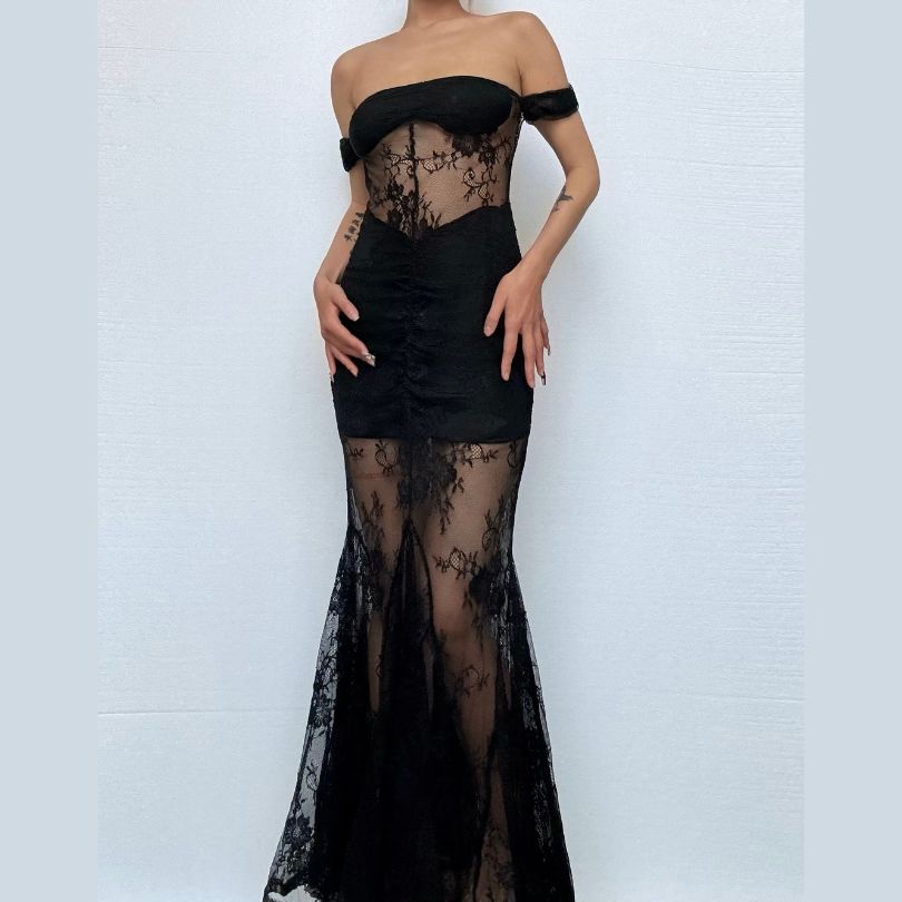 Off shoulder lace mesh zip-up maxi dress