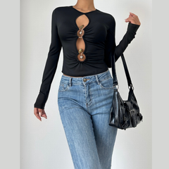 Long sleeve hollow out ruched crewneck cut out top