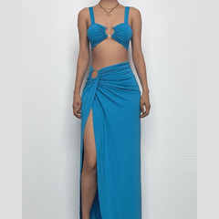O ring ruched crop high slit cami maxi skirt set
