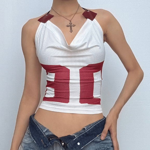 Halter cowl neck "06" print lace up top