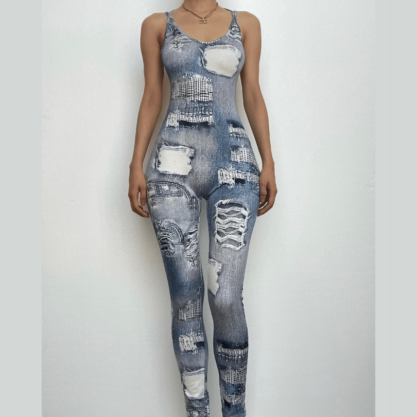 Denim print cross back u neck sleeveless jumpsuit-final-sale
