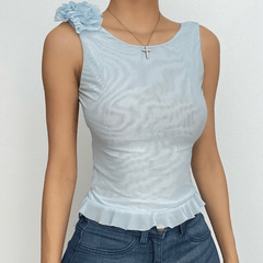 Sheer mesh flower applique see through sleeveless ruffle backless top