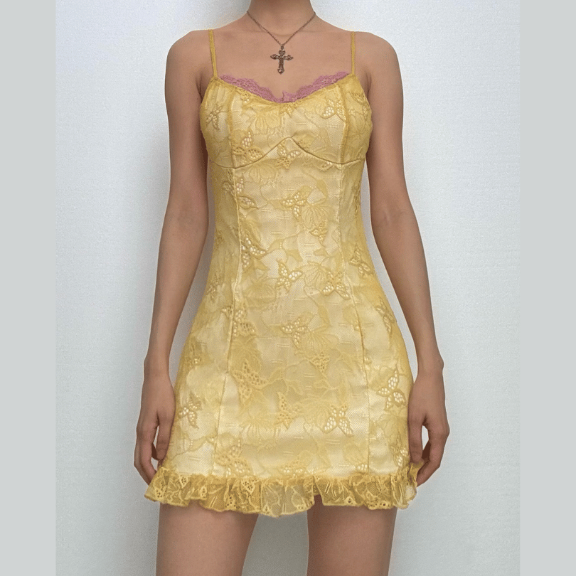 V neck lace ruffle butterfly pattern cami mini dress-final-sale