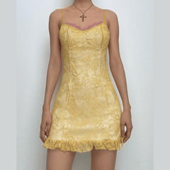 V neck lace ruffle butterfly pattern cami mini dress-final-sale