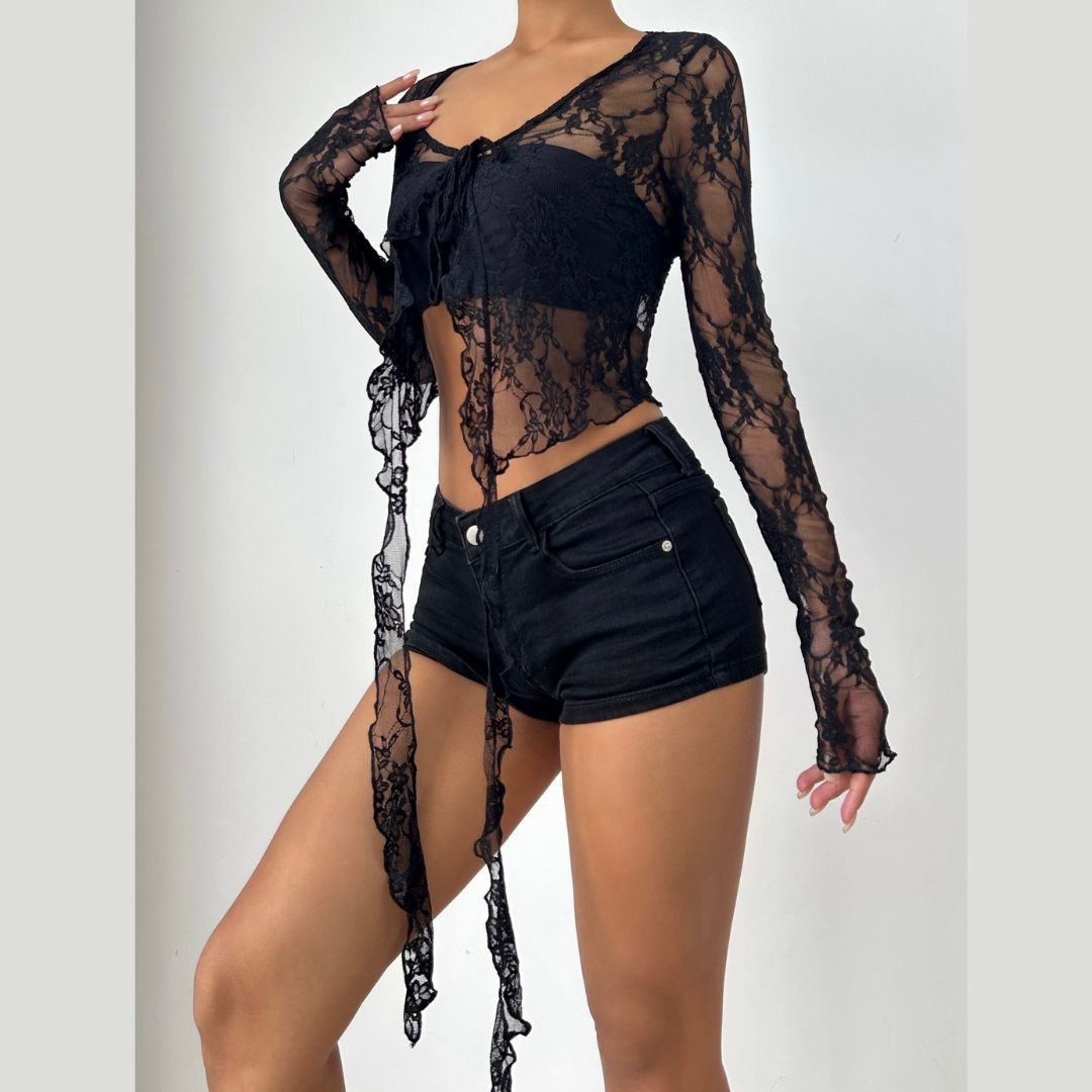 Long sleeve lace ruffle self tie top