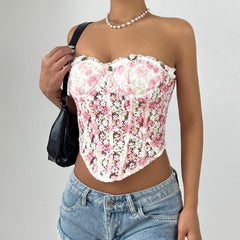 Ruffle flower applique corset lace up tube top