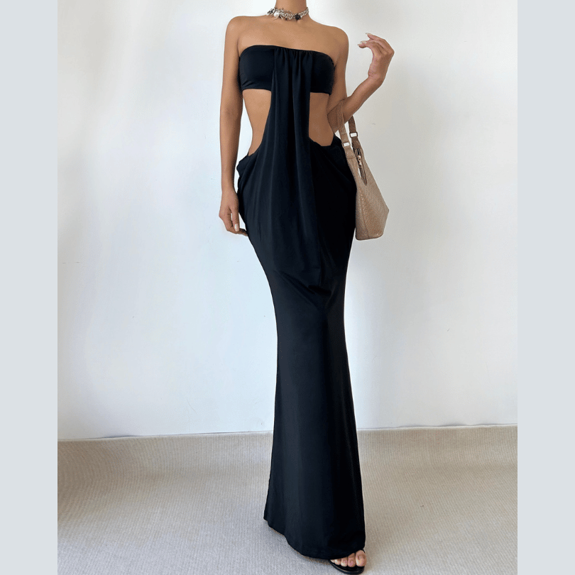Hollow out ruched solid cut out maxi dress