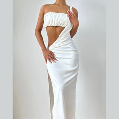 One shoulder hollow out slit zip-up cut out maxi dress