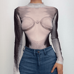 Sheer mesh see through body print high neck long sleeve bodysuit-final-sale